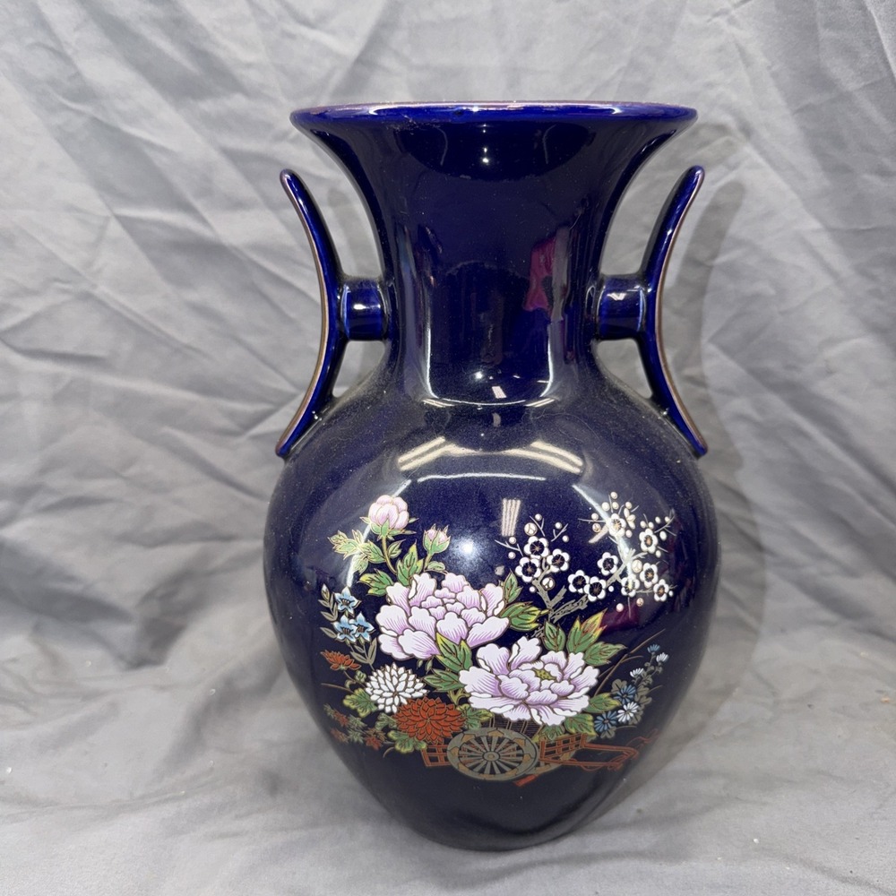 Shiny Cobalt blue  Japanese Vase with Handles - floral painting wagon wheel 10.5